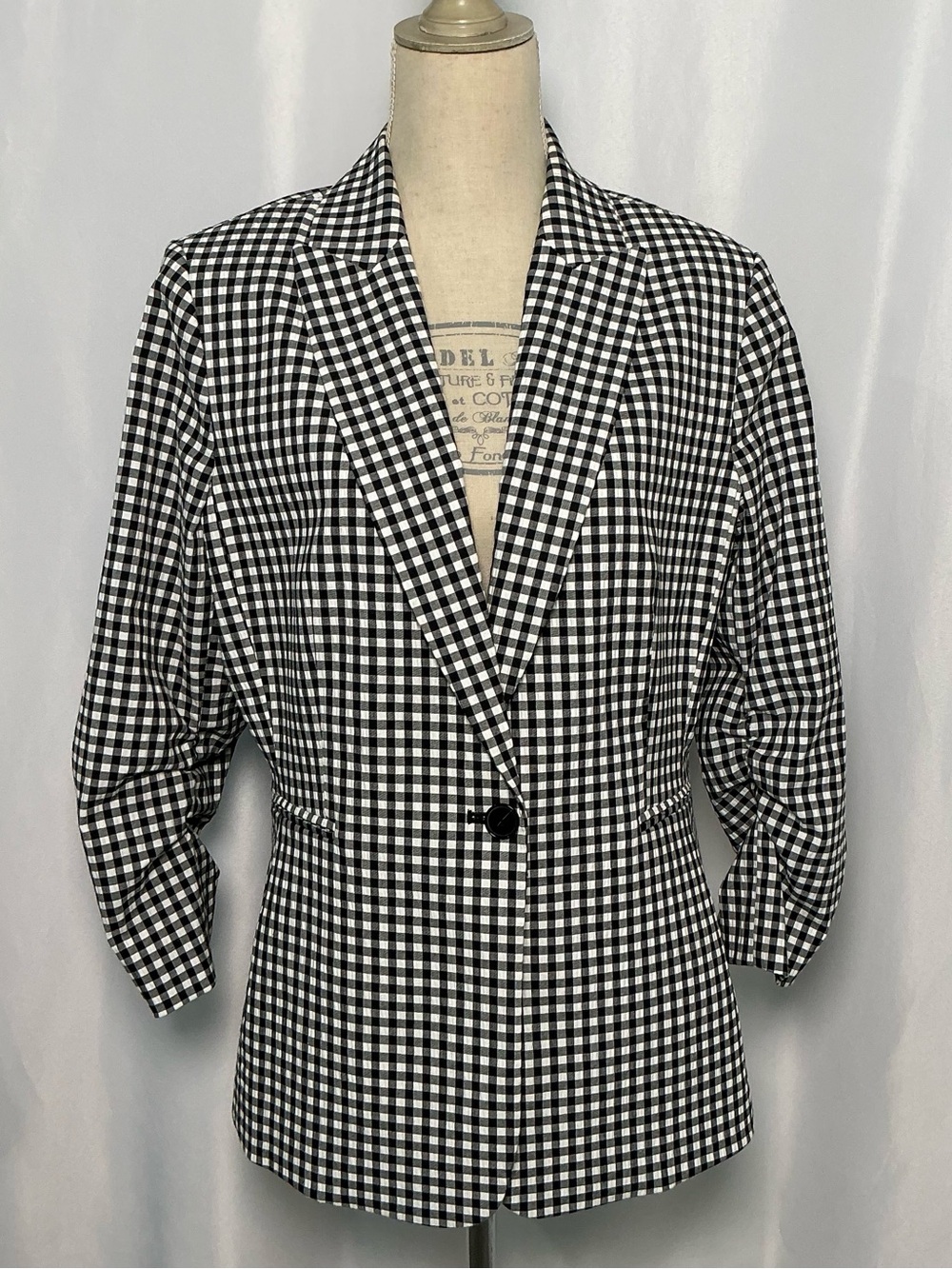 Preston & York Gingham Blazer 14 Black White Ruched 3/4 Sleeve Lined